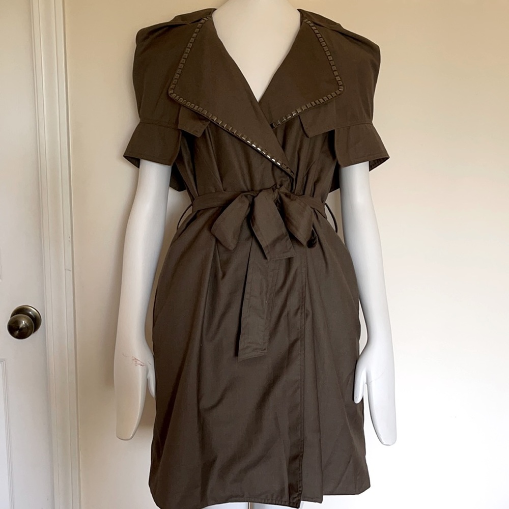 Aryn K. brown trench style poplin midi belted dress with studs M NEW RARE